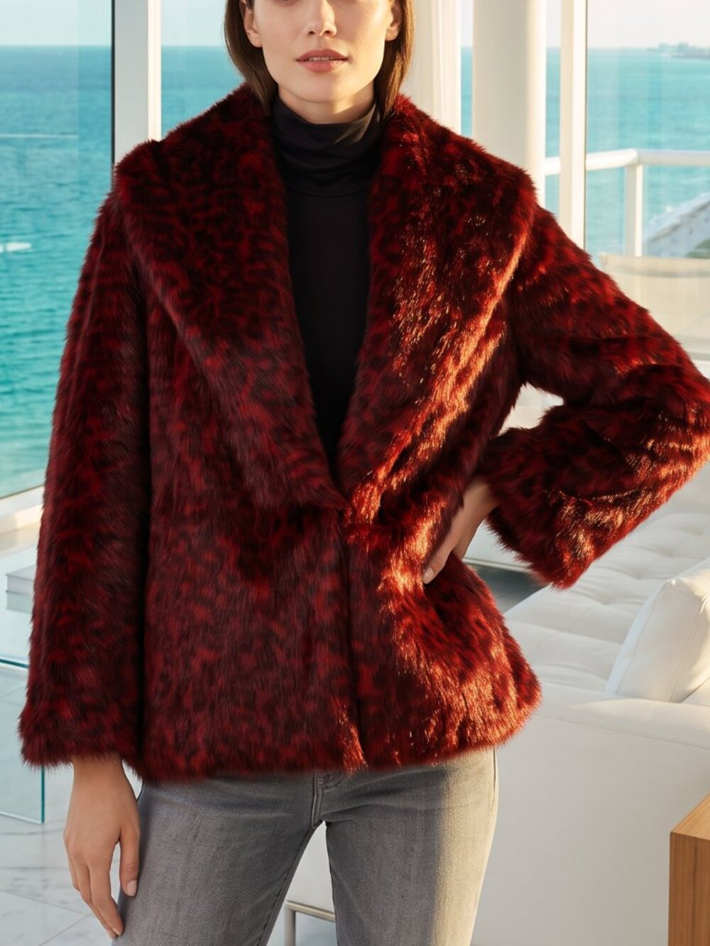 $598 NATORI FAUX FUR JACKET red leopard XL
